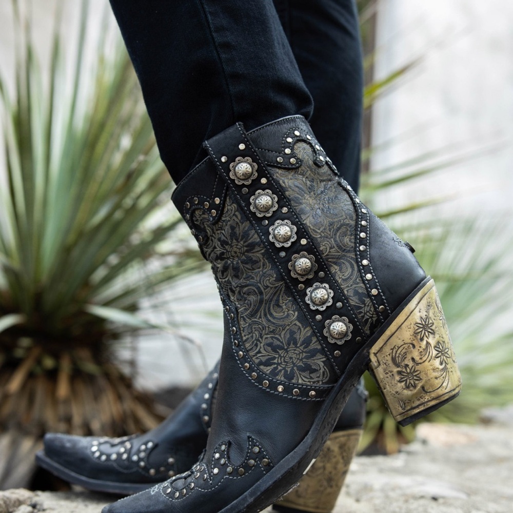 ISO -  Double D Ranch Black and Gold Floral Ankle Boots